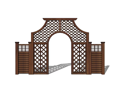 Wooden Arched Entrance Gate With Lattice Pattern And Side Panels 3d model