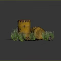 Yellow Radioactive Danger Barrel With Warning Signs On Deserted Ground With Weeds And Stones