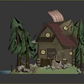 Charming Wooden Cabin With Red Roof Pine Trees Small Boat By Water Swing And Waterwheel