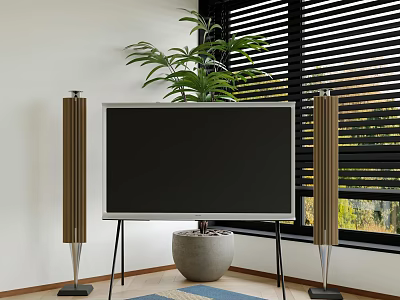 Flat Screen TV In Living Room With Speakers And Plant 3d model