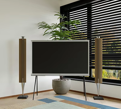 Flat Screen TV In Living Room With Speakers And Plant 3d model
