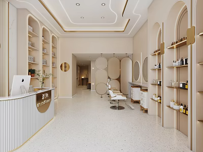 Elegant Modern Beauty Hair Salon Interior Design With Gold Accents Shelves Mirrors And Styling Chair 3d model
