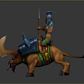 Blue Armored Fantasy Warrior Riding Horned Brown Rhino With Spear