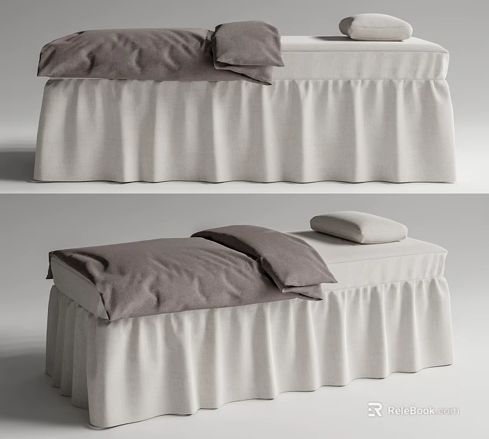 Modern Massage Bed with Gray Linen Sheets Pillow and Beige Ruffled Bed Skirt 3d model 