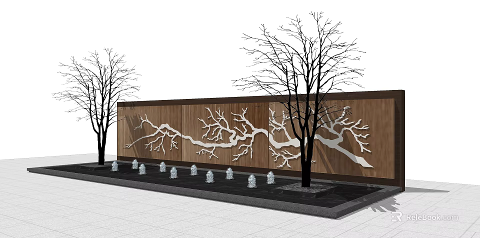 Wooden Feature Wall With Intricate White Branch Design Flanking Bare Trees And Small Decorative Ornaments 3d model 