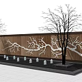 Wooden Feature Wall With Intricate White Branch Design Flanking Bare Trees And Small Decorative Ornaments