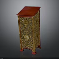 Ornate Decorative Cabinet With Red Top And Gold Intricate Carved Patterns