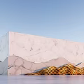 Elegant Feature Wall With Marble Texture And Golden Wavy Mountain Pattern Design