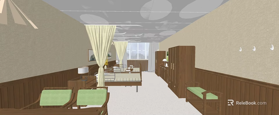 Patient Room Interior Design With Wooden Bed Green Chairs Curtains And Window 3d model 