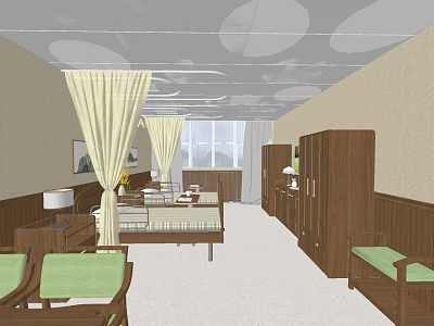 Patient Room Interior Design With Wooden Bed Green Chairs Curtains And Window 3d model