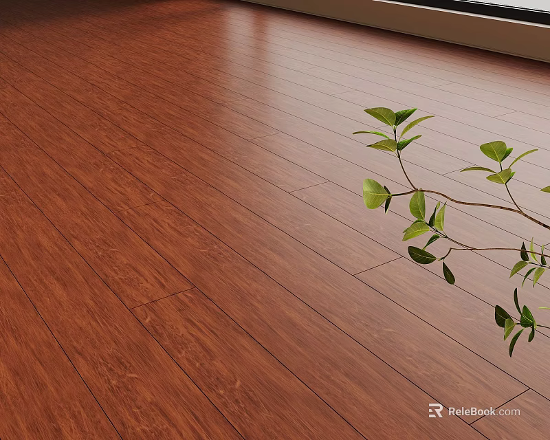 Polished Wooden Floor Surface With Fresh Green Plant Branch 3d model 