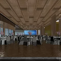 Elegant Banquet Hall Interior With Wooden Ceiling White Tablecloths Pink Floral Decor And Large Screen