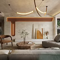 Modern Living Room with Chandelier Sofa Wooden Coffee Table Armchair Plants and Decorative Wall Clock