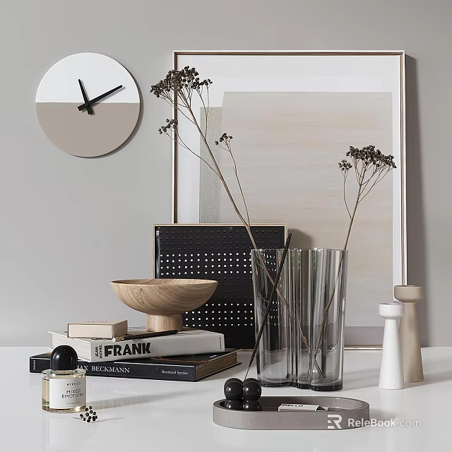 Minimalist Modern Decorative Ornament Set With Clock Dried Flowers Glass Vase Wooden Bowl And Books 3d model 