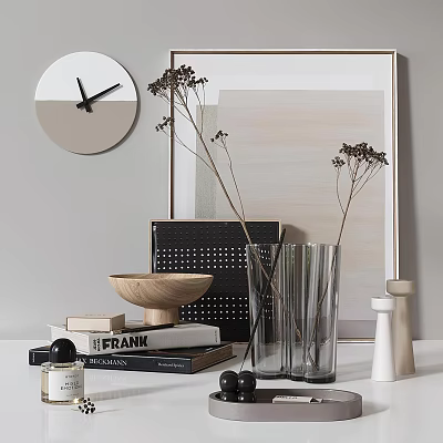 Minimalist Modern Decorative Ornament Set With Clock Dried Flowers Glass Vase Wooden Bowl And Books 3d model