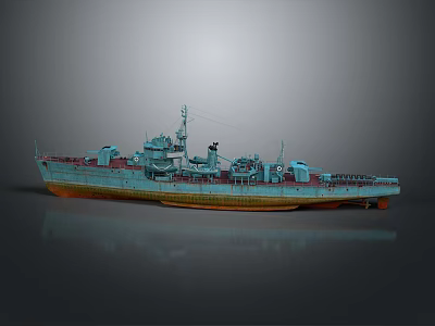 Old Warship Vessel With Blue Gray Hull Rusty Bottom And Deck Equipment 3d model