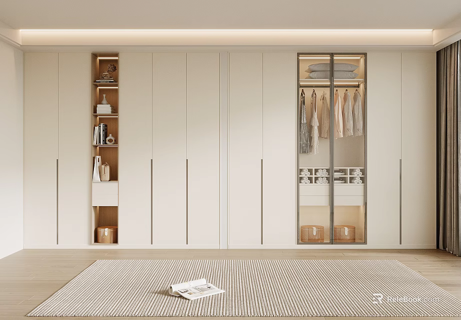 Modern Wardrobe Interior Design With Sliding Glass Doors And Open Storage Shelves 3d model 