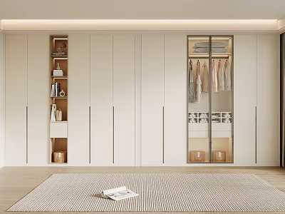 Modern Wardrobe Interior Design With Sliding Glass Doors And Open Storage Shelves 3d model