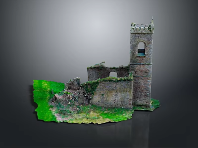 Ancient Ruined Stone Brick Tower With Bell Opening And Green Vegetation Vines 3d model