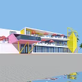 Colorful Beachfront Building With Red White Striped Umbrellas And Palm Trees
