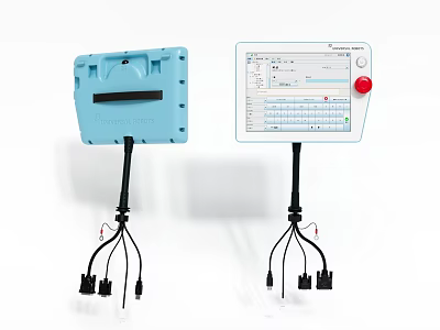 Industrial Equipment Equipped With Blue Enclosure Control Panel Display Screen Red Button Connecting Cables And Plugs 3d model