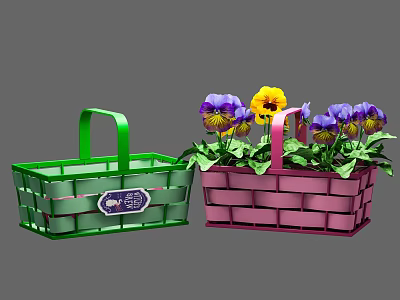 Decorative Ornament Set Featuring Green Pink Wicker Baskets with Colorful Flowers 3d model