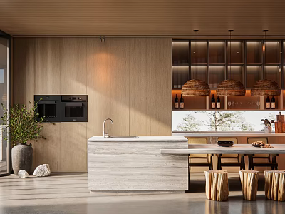 Elegant Modern Restaurant Interior With Wooden Walls Central Island And Pendant Lights 3d model