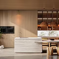 Elegant Modern Restaurant Interior With Wooden Walls Central Island And Pendant Lights