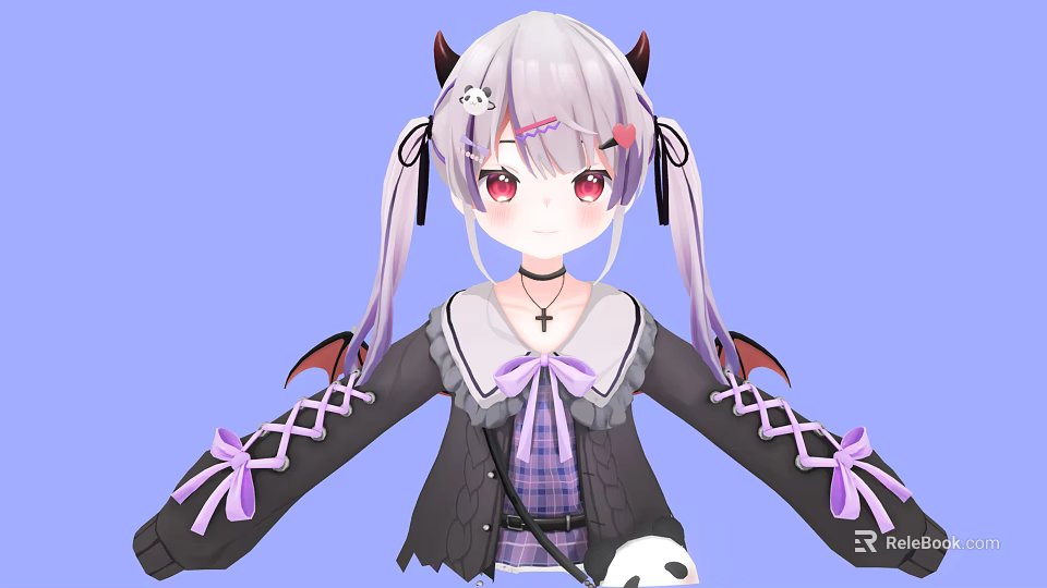 Anime Character With Gray Twin Tails Demon Horns Wings And Panda Bag 3d model 