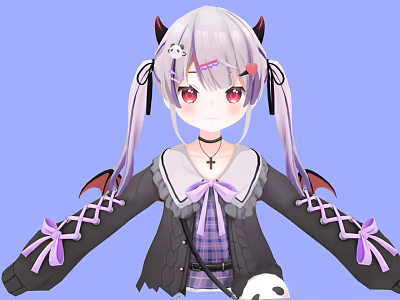 Anime Character With Gray Twin Tails Demon Horns Wings And Panda Bag 3d model