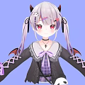 Anime Character With Gray Twin Tails Demon Horns Wings And Panda Bag
