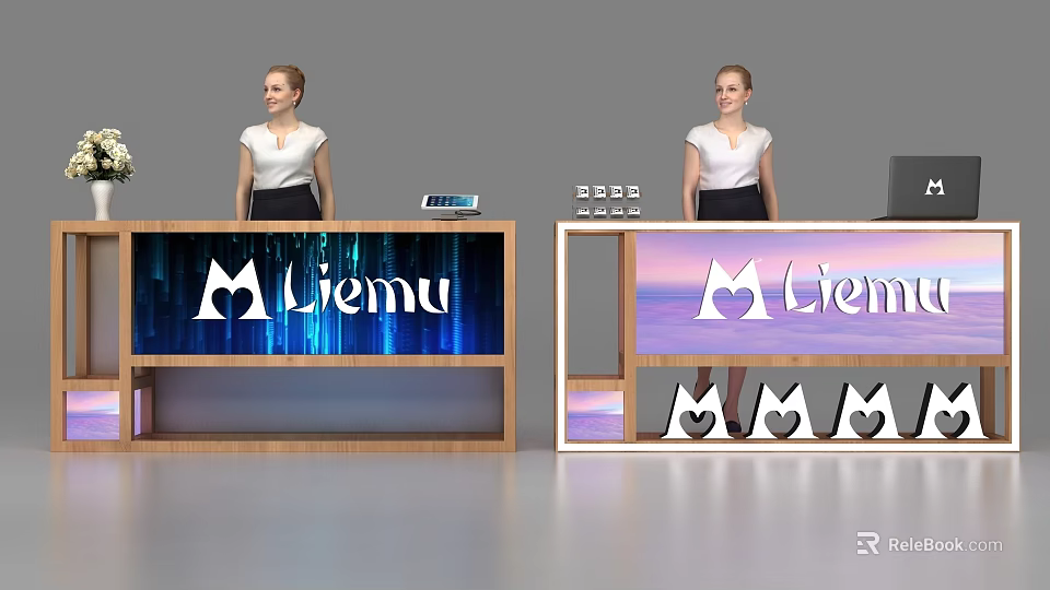 Elegant Modern Reception Desks With Liemu Logo Receptionists And Heart Decorations 3d model 