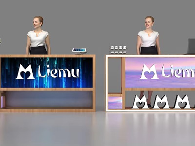 Elegant Modern Reception Desks With Liemu Logo Receptionists And Heart Decorations 3d model