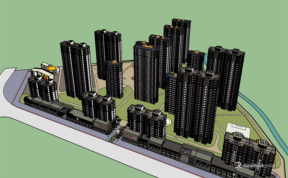 Modern High Rise Residential Complex 3D Model with Green Spaces and Pathways 3d model 