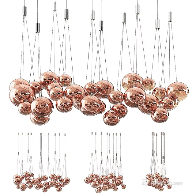 Modern Copper Spherical Chandeliers Hanging As Multiple Elegant Decorative Lighting Fixtures 3d model