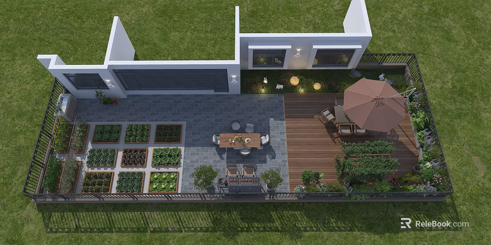 Garden Landscape Design With Vegetable Beds Patio Dining Table Chairs Outdoor Umbrella And Green Plants 3d model 