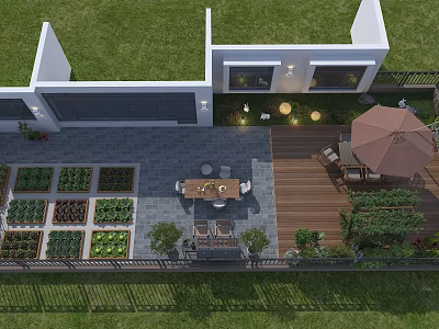 Garden Landscape Design With Vegetable Beds Patio Dining Table Chairs Outdoor Umbrella And Green Plants 3d model