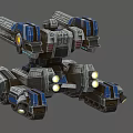 Futuristic Tank With Multiple Cannons Glowing Yellow Lights Blue Gray Color Scheme And Mechanical Tracks
