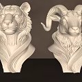 White Tiger And Ram Head Sculptures With Intricate Carving Details