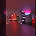 Modern Vibrant Club Interior With Neon Lights Large Screen And Seating Area