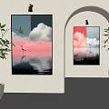 Modern Interior Wall Art With Flamingo Cloud Reflection And Green Plants