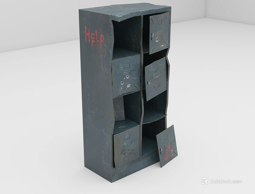 Mall Counter Grey Locker With Multiple Drawers Red HELP Graffiti And Open Drawer 3d model
