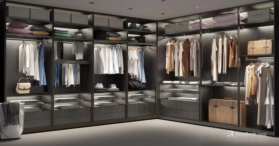 Modern Walk in Closet Interior Design With Hanging Folded Clothes Shelves And Drawers 3d model 