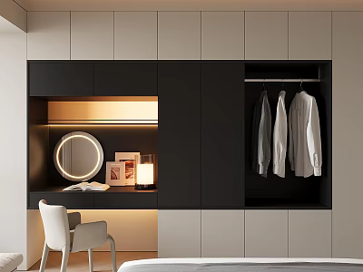 Modern Elegant Wardrobe Interior With Dressing Table Hanging Area And Lighting Design 3d model