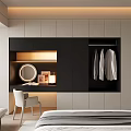Modern Elegant Wardrobe Interior With Dressing Table Hanging Area And Lighting Design