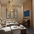 Shower Sauna Interior With White Massage Chairs Towels On Stools Pendant Lights And Decorative Paintings