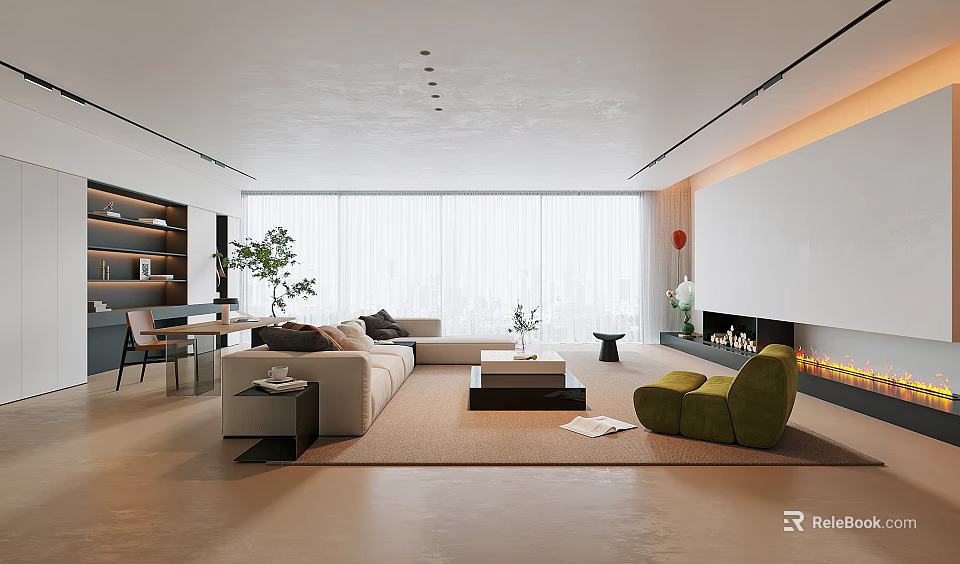 Modern Living Room Interior With Open Layout Sofa Floor-to-Ceiling Windows Green Plants And Fireplace 3d model 