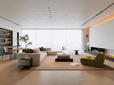 Modern Living Room Interior With Open Layout Sofa Floor-to-Ceiling Windows Green Plants And Fireplace 3d model
