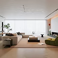 Modern Living Room Interior With Open Layout Sofa Floor-to-Ceiling Windows Green Plants And Fireplace