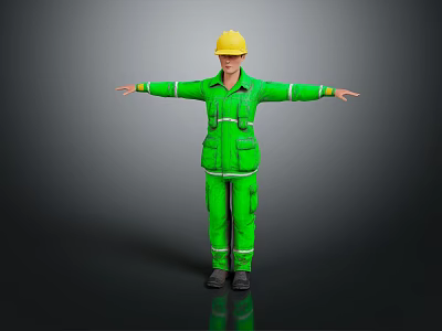 Human Worker In Green Reflective Uniform With Yellow Helmet Standing Arms Outstretched On Dark Background 3d model